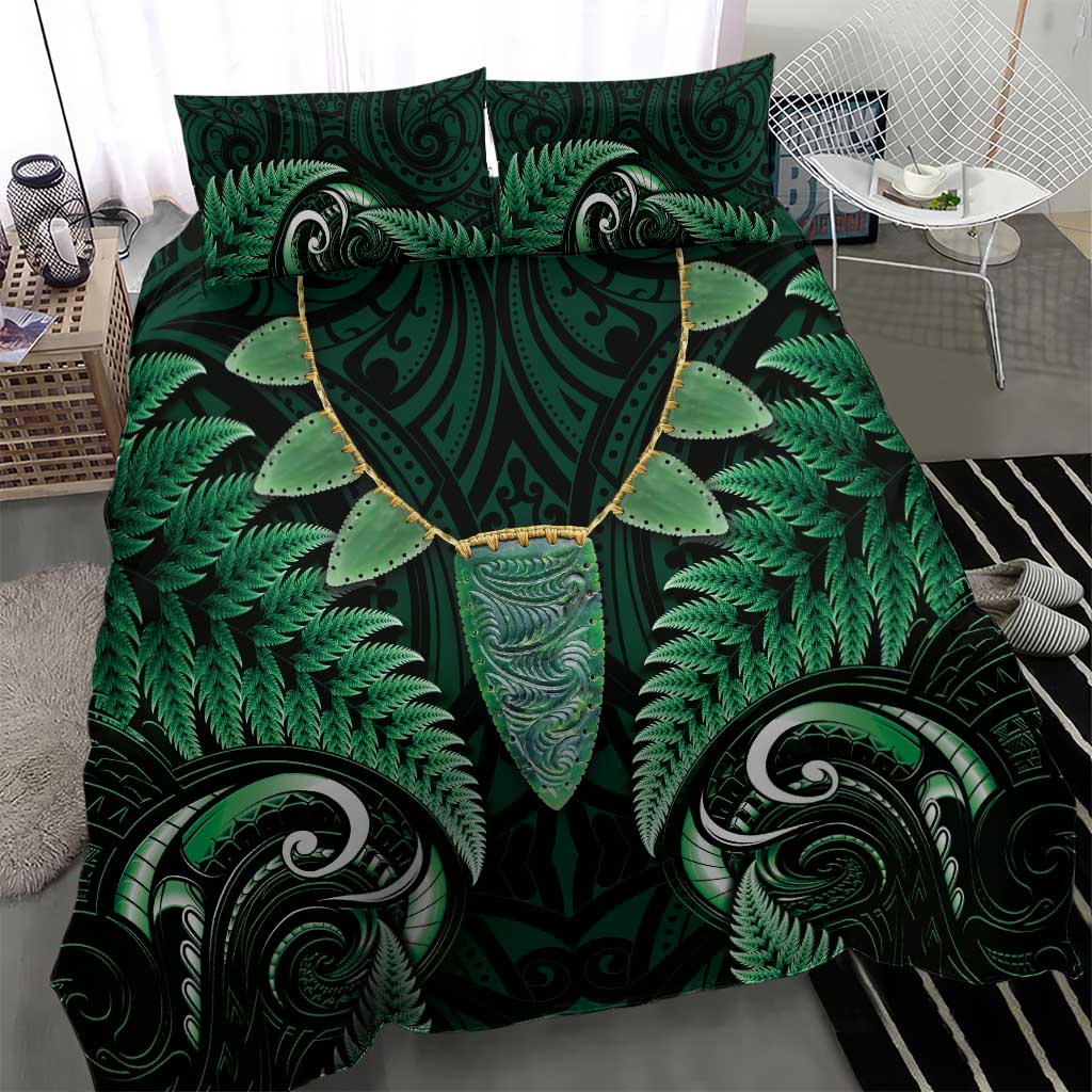 Aotearoa Pounamu Niho Bedding Set Silver Fern Mix Maori Pattern - Green