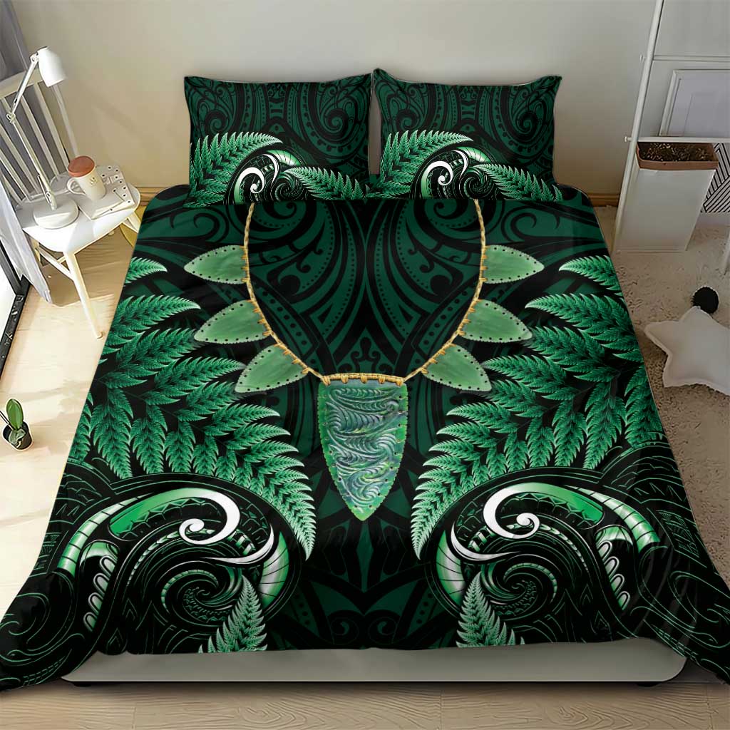 Aotearoa Pounamu Niho Bedding Set Silver Fern Mix Maori Pattern - Green