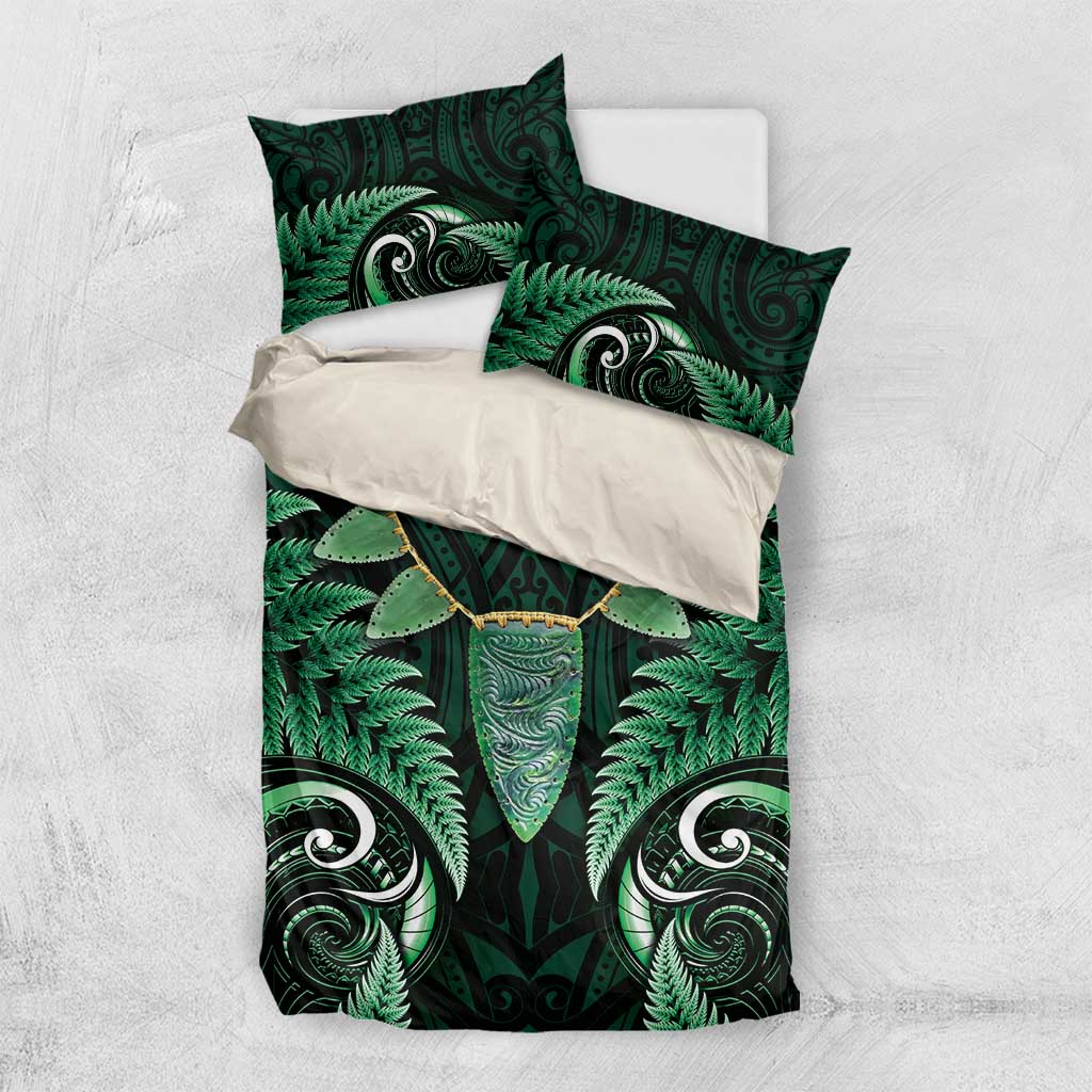 Aotearoa Pounamu Niho Bedding Set Silver Fern Mix Maori Pattern - Green