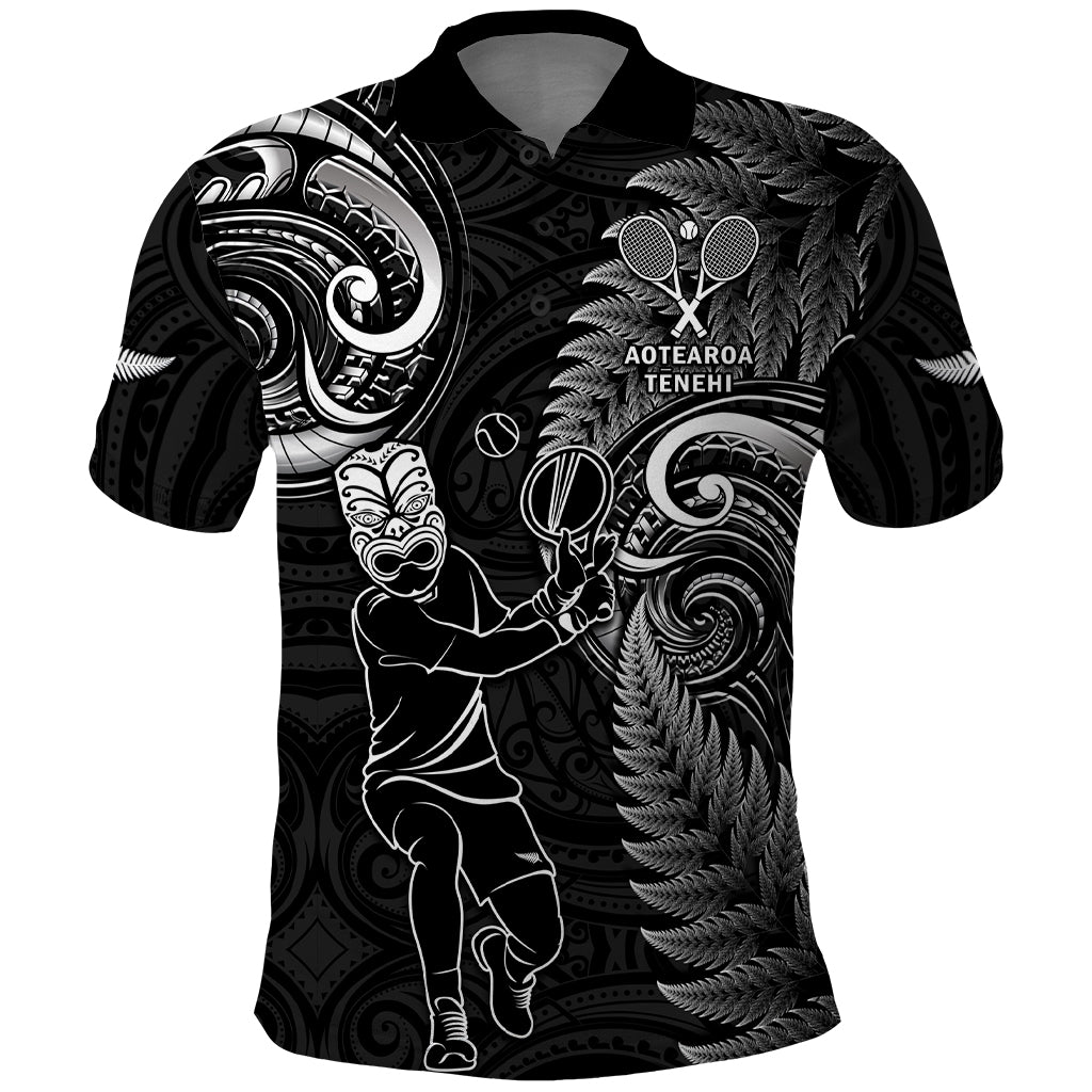 New Zealand Tiki Tennis Polo Shirt 2024 Aotearoa Tenehi Maori Silver Fern - Black