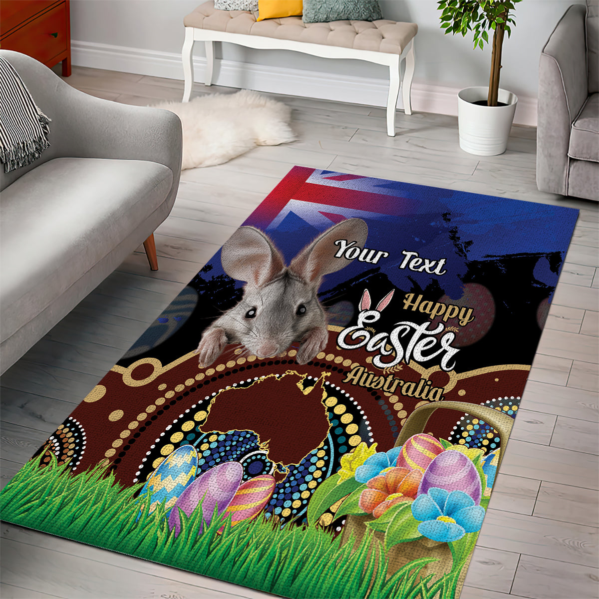 Personalised Australia Easter Day Area Rug Aussie Bilby Aboriginal Art