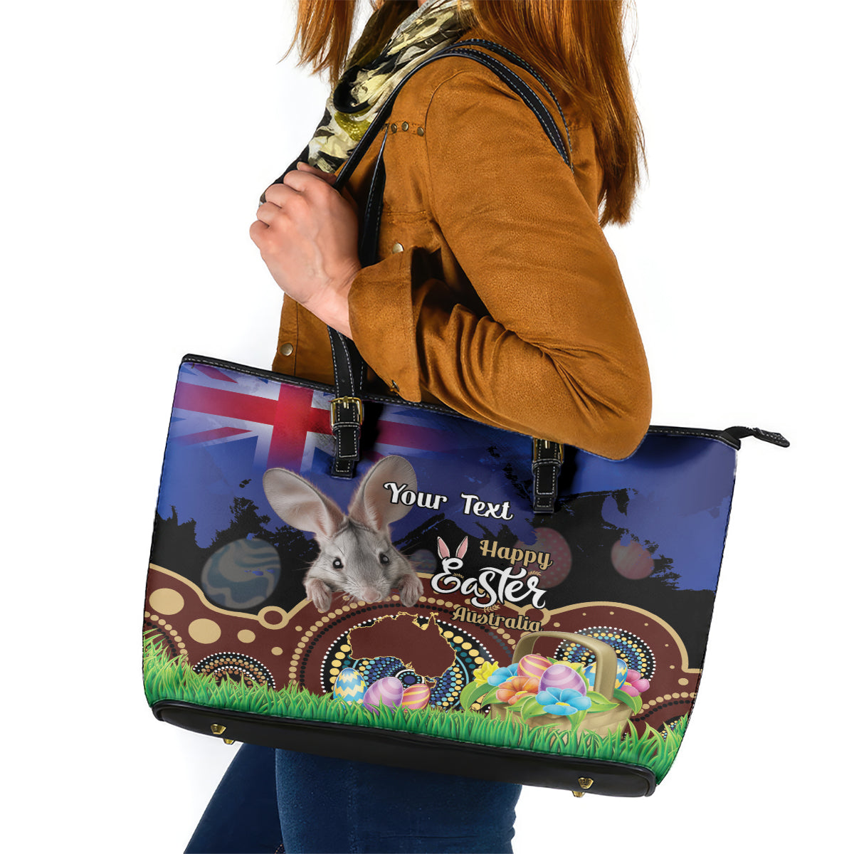 Personalised Australia Easter Day Leather Tote Bag Aussie Bilby Aboriginal Art