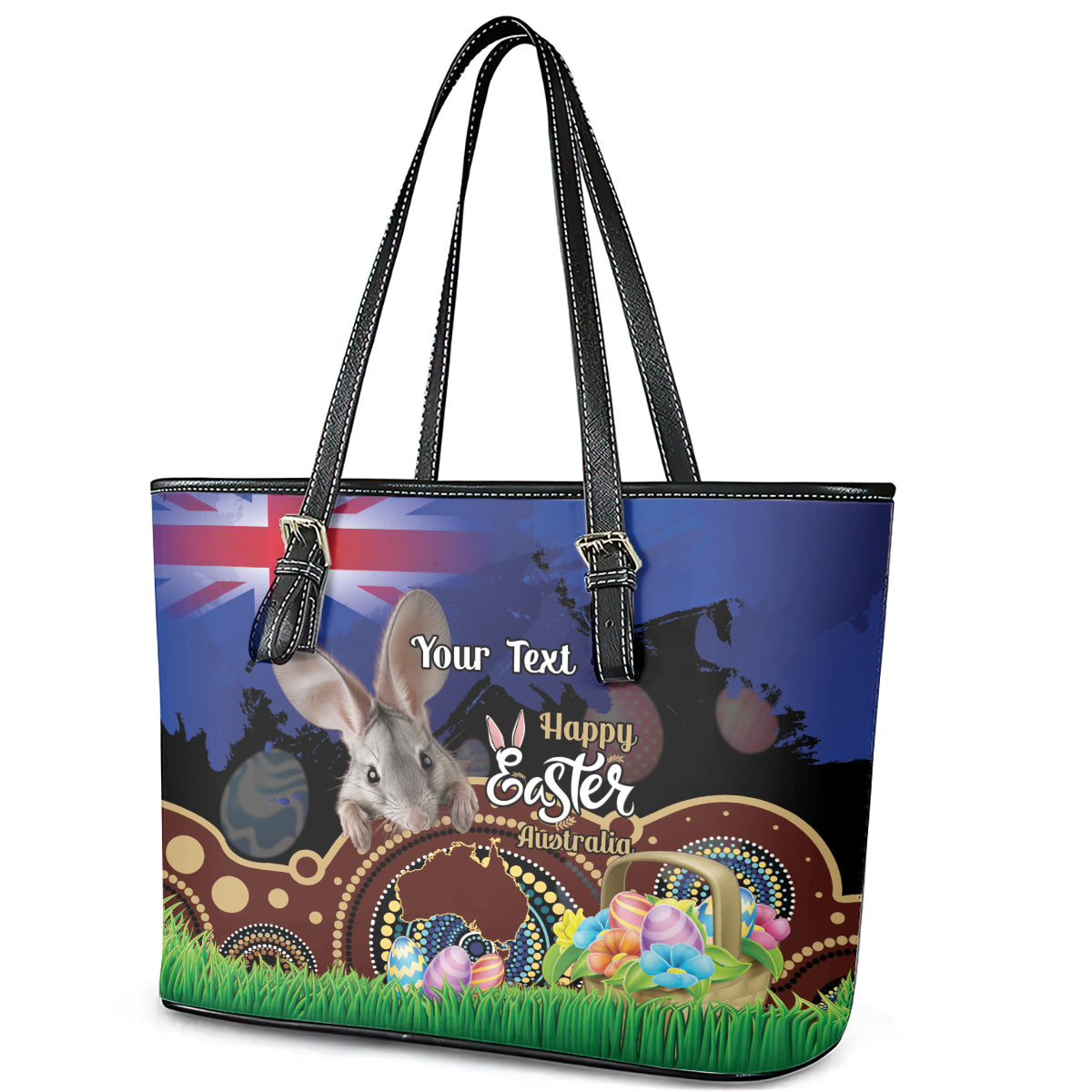 Personalised Australia Easter Day Leather Tote Bag Aussie Bilby Aboriginal Art