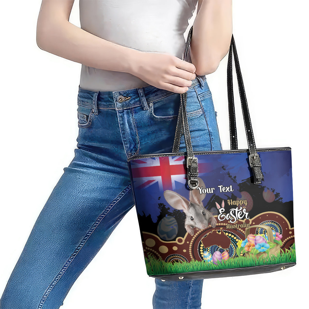 Personalised Australia Easter Day Leather Tote Bag Aussie Bilby Aboriginal Art