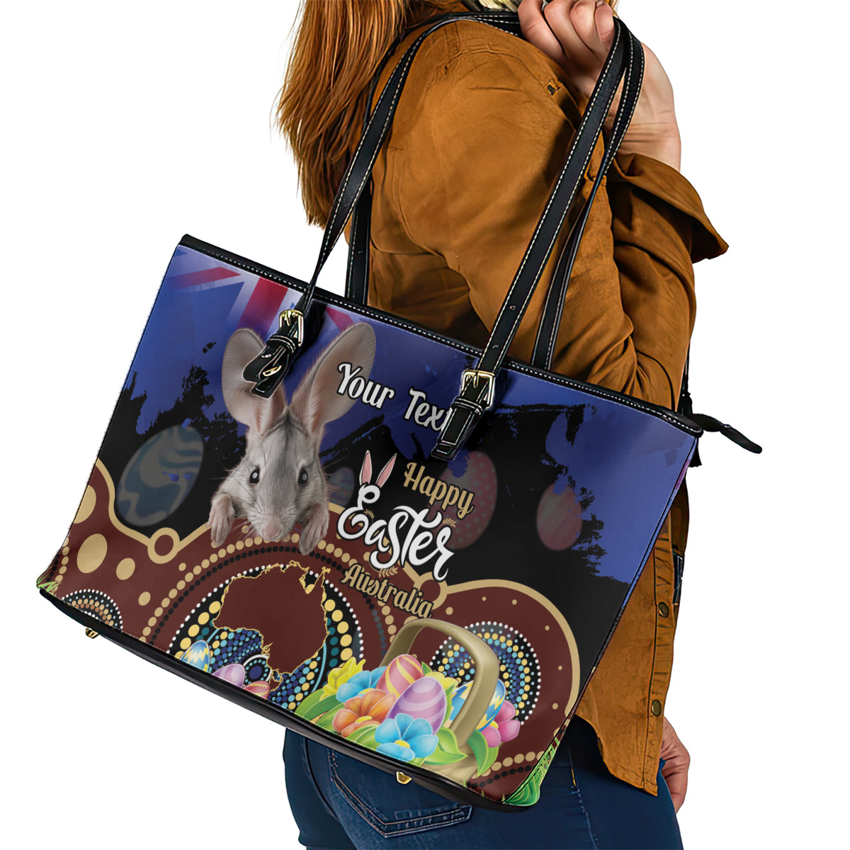 Personalised Australia Easter Day Leather Tote Bag Aussie Bilby Aboriginal Art