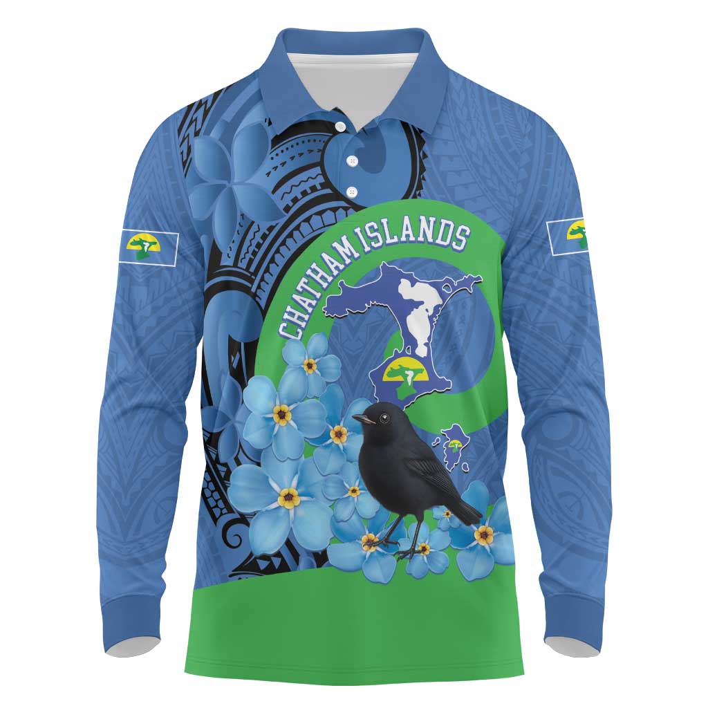 New Zealand Chatham Islands Long Sleeve Polo Shirt Wharekauri Forget Me Not With Black Robin