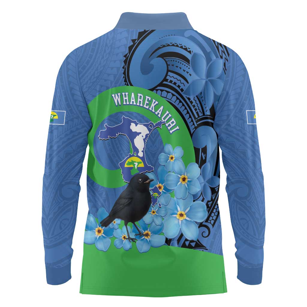 New Zealand Chatham Islands Long Sleeve Polo Shirt Wharekauri Forget Me Not With Black Robin