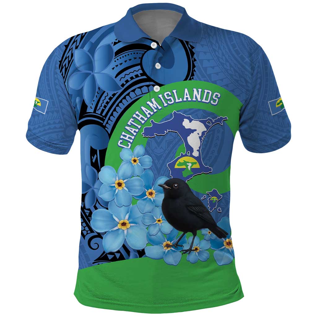 New Zealand Chatham Islands Polo Shirt Wharekauri Forget Me Not With Black Robin