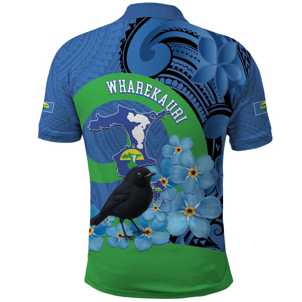 New Zealand Chatham Islands Polo Shirt Wharekauri Forget Me Not With Black Robin