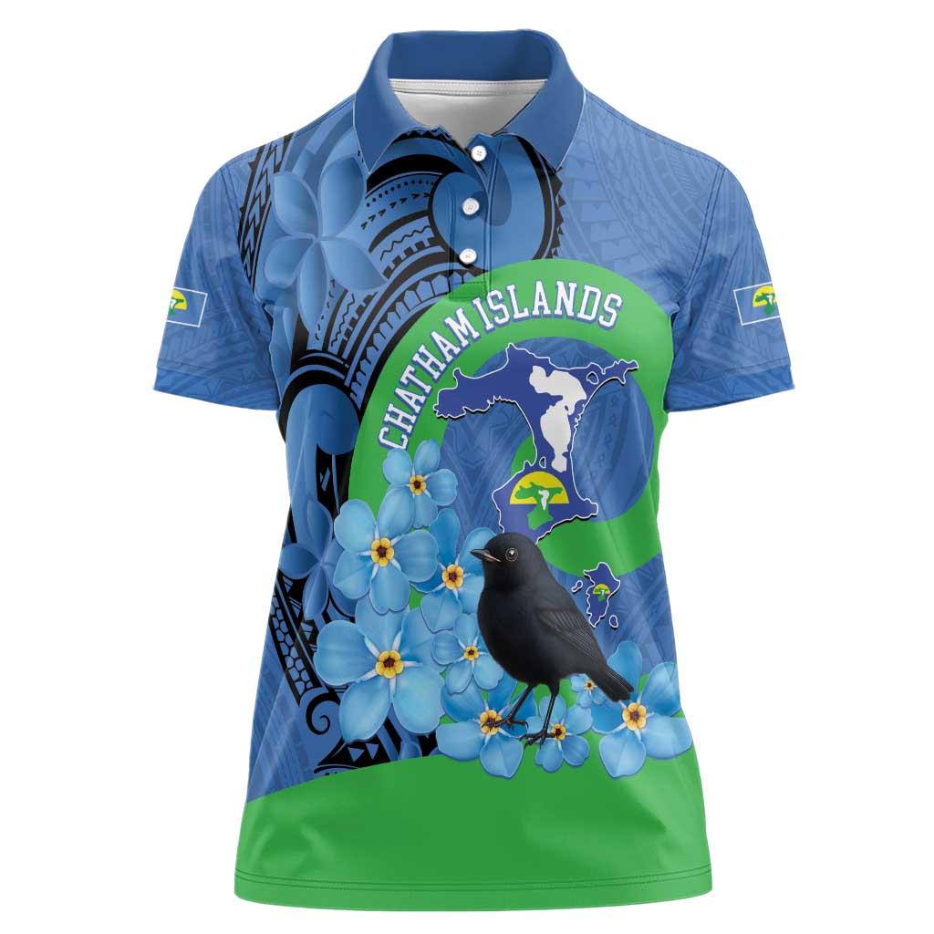 New Zealand Chatham Islands Women Polo Shirt Wharekauri Forget Me Not With Black Robin