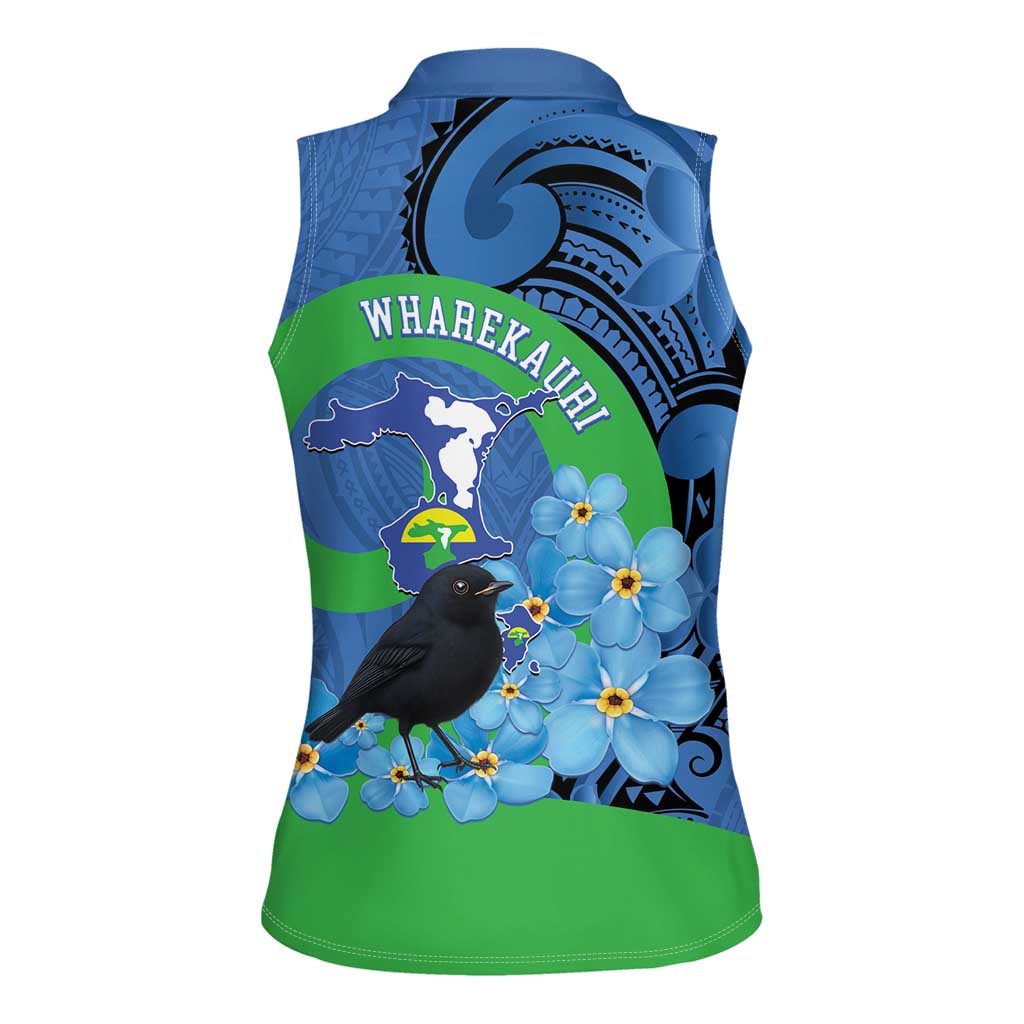 New Zealand Chatham Islands Women Sleeveless Polo Shirt Wharekauri Forget Me Not With Black Robin