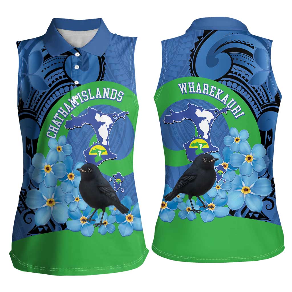 New Zealand Chatham Islands Women Sleeveless Polo Shirt Wharekauri Forget Me Not With Black Robin