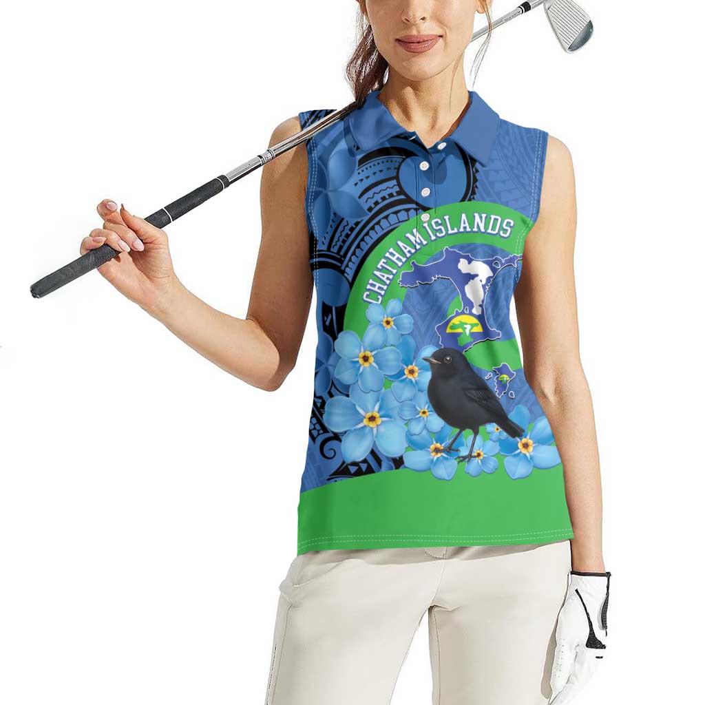 New Zealand Chatham Islands Women Sleeveless Polo Shirt Wharekauri Forget Me Not With Black Robin