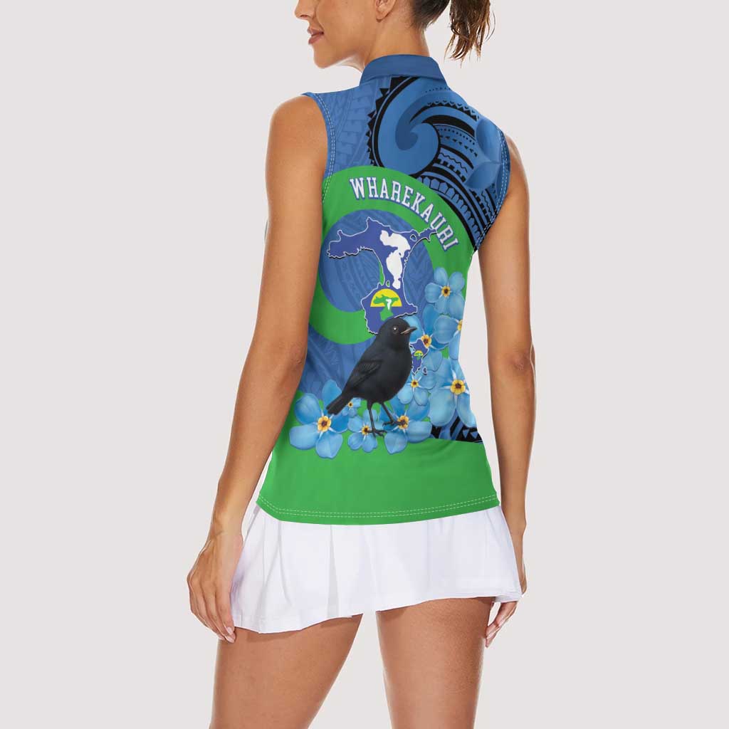 New Zealand Chatham Islands Women Sleeveless Polo Shirt Wharekauri Forget Me Not With Black Robin