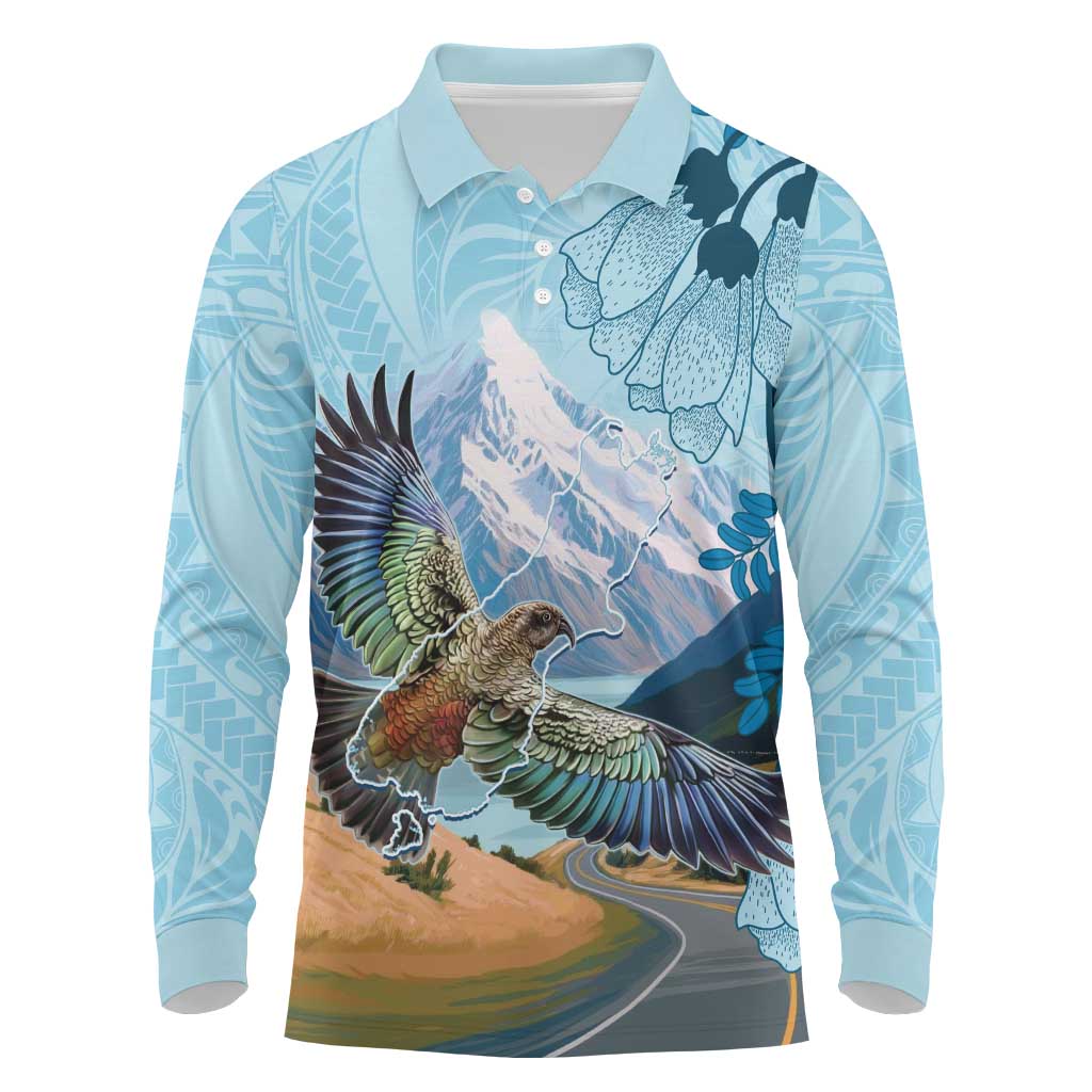 New Zealand South Island Long Sleeve Polo Shirt Te Waipounamu Aoraki Kea Bird