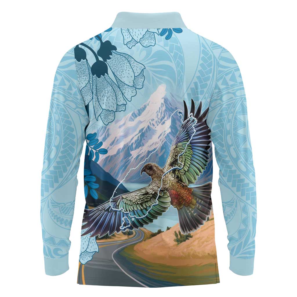 New Zealand South Island Long Sleeve Polo Shirt Te Waipounamu Aoraki Kea Bird