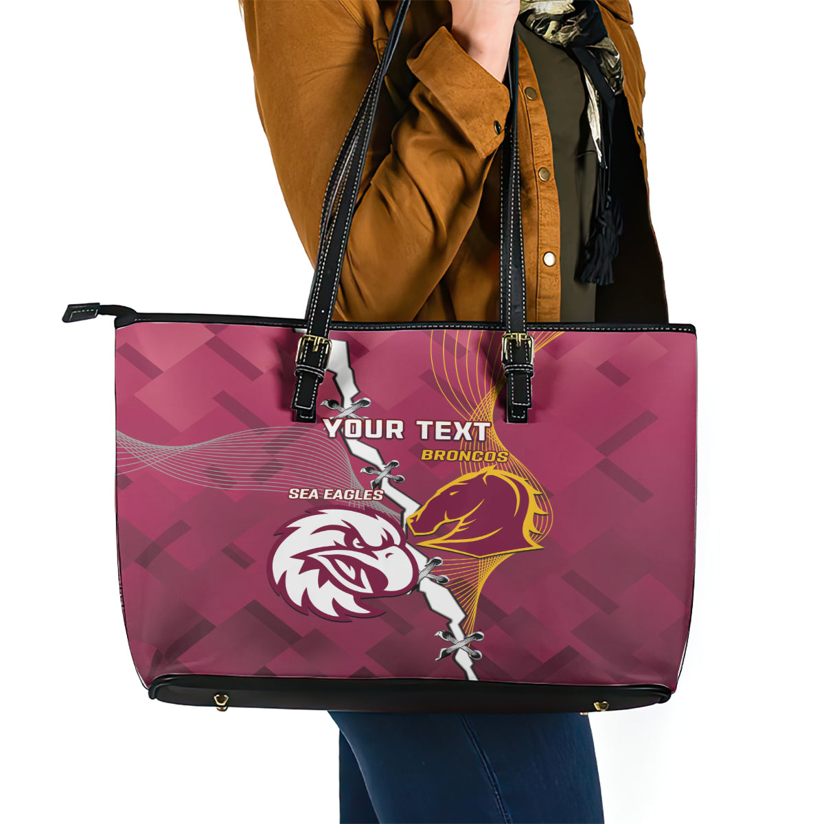 Personalised Broncos And Eagles Rugby Leather Tote Bag Sporty Version