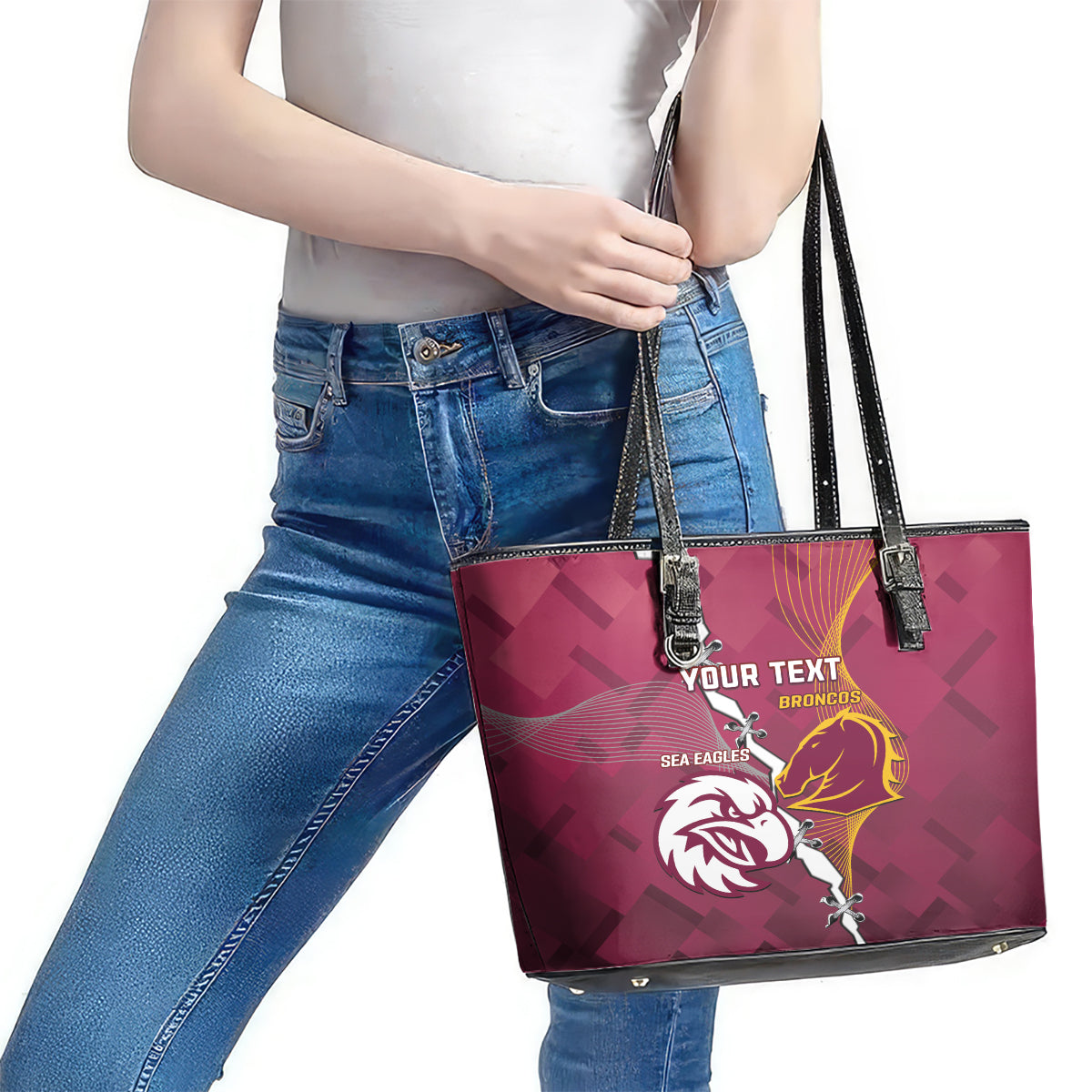 Personalised Broncos And Eagles Rugby Leather Tote Bag Sporty Version