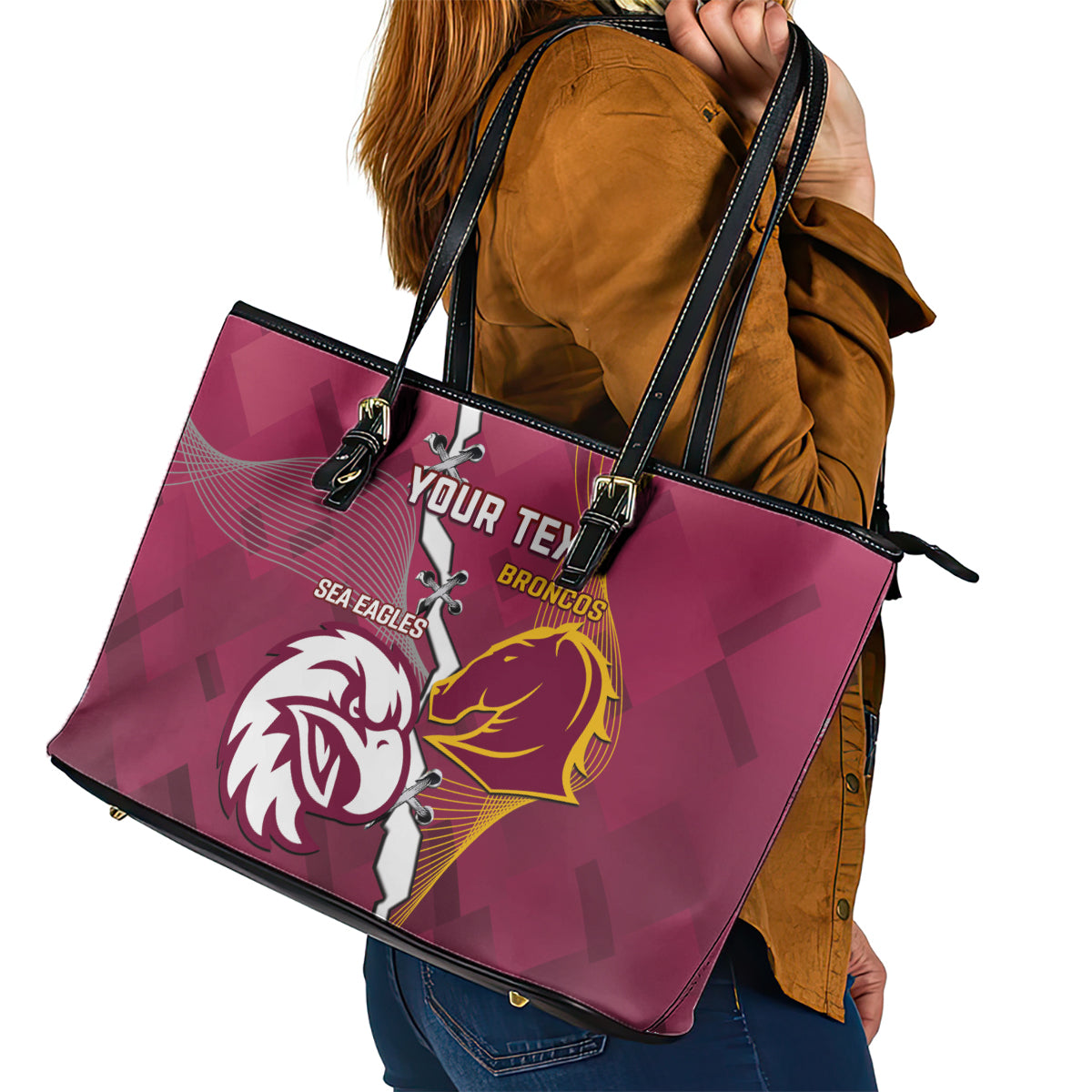 Personalised Broncos And Eagles Rugby Leather Tote Bag Sporty Version