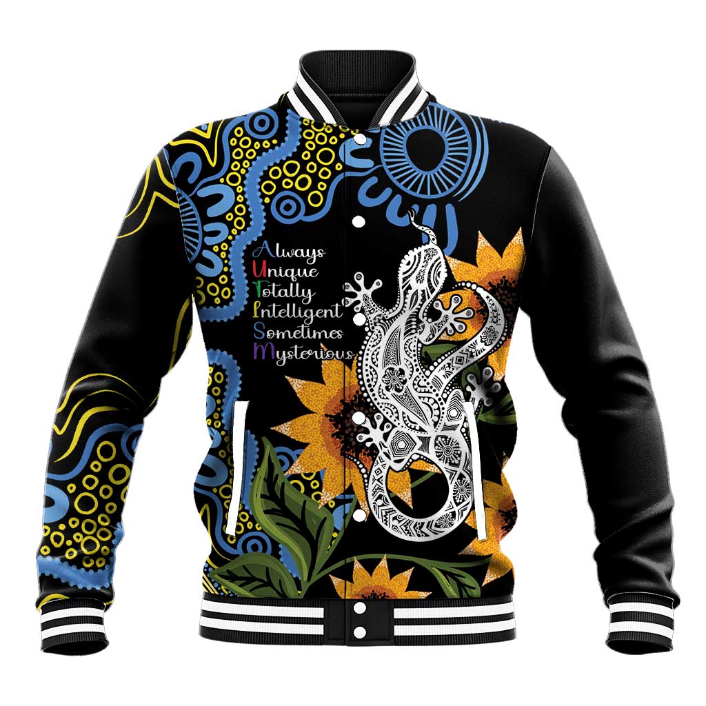 Australia Autism Awareness Baseball Jacket Brave Strong Aussie Lizard Aboriginal Art