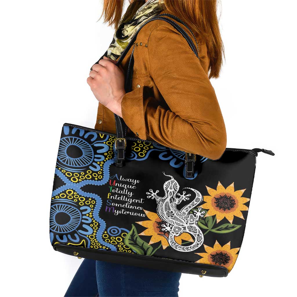 Australia Autism Awareness Leather Tote Bag Brave Strong Aussie Lizard Aboriginal Art