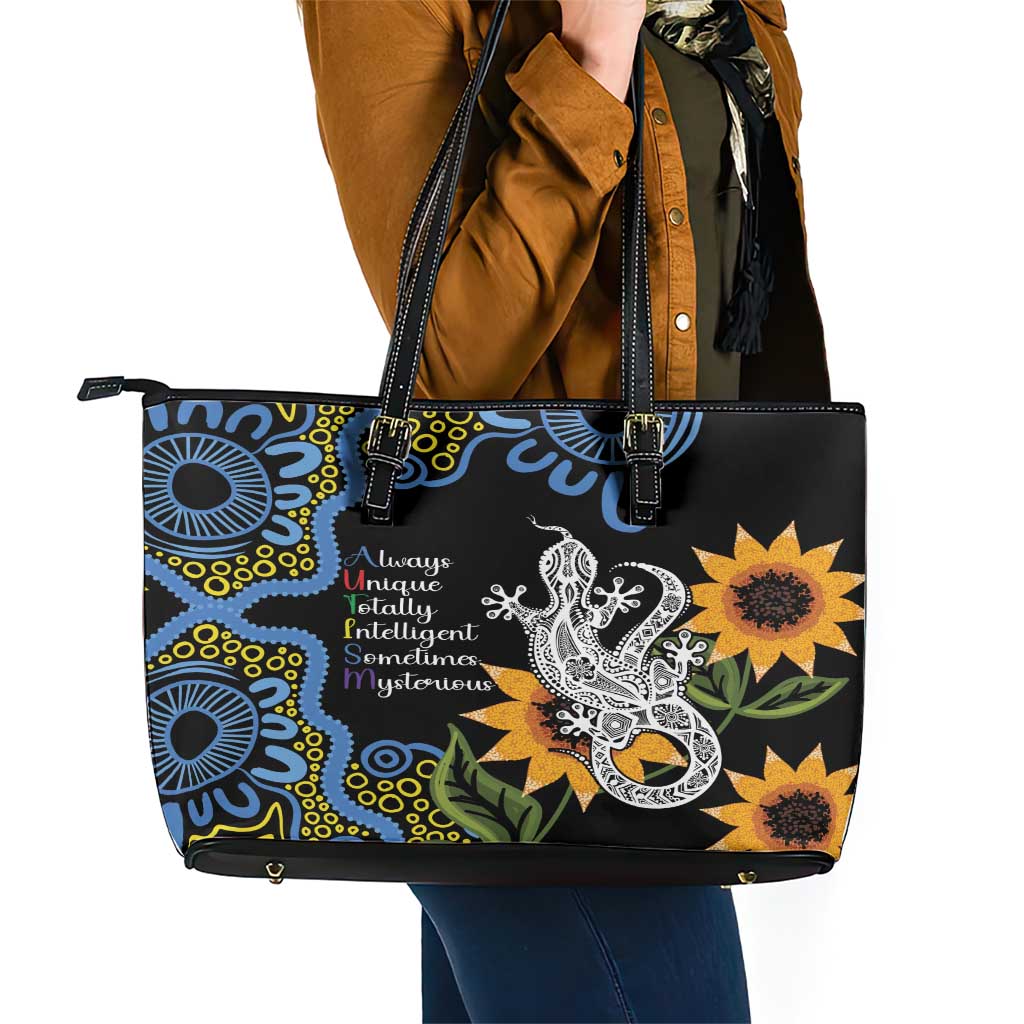 Australia Autism Awareness Leather Tote Bag Brave Strong Aussie Lizard Aboriginal Art