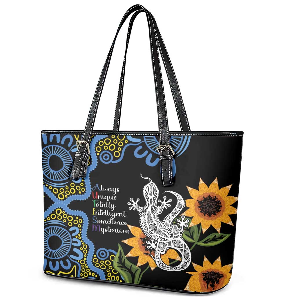 Australia Autism Awareness Leather Tote Bag Brave Strong Aussie Lizard Aboriginal Art