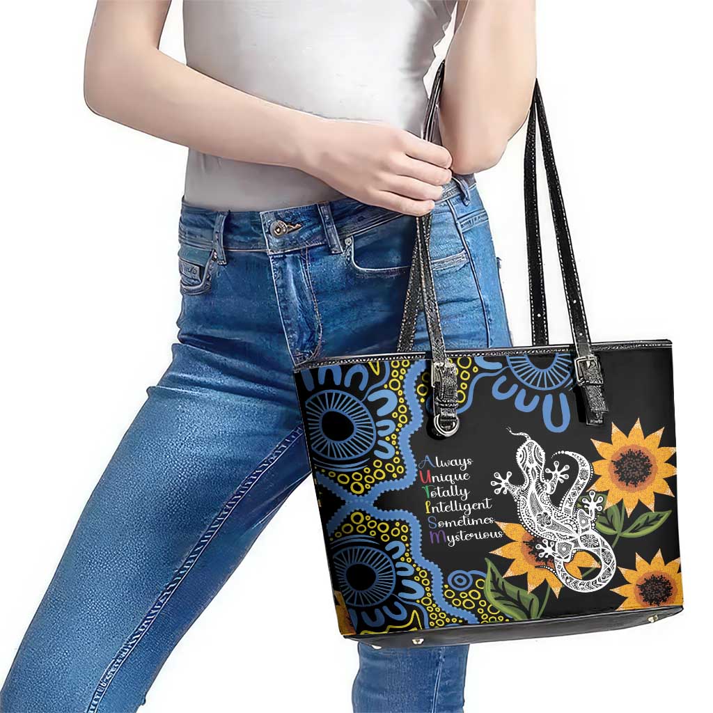 Australia Autism Awareness Leather Tote Bag Brave Strong Aussie Lizard Aboriginal Art