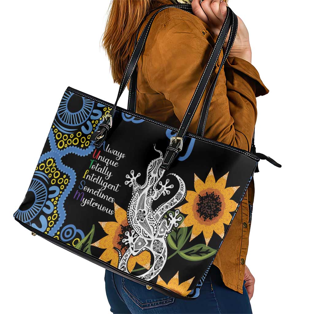 Australia Autism Awareness Leather Tote Bag Brave Strong Aussie Lizard Aboriginal Art