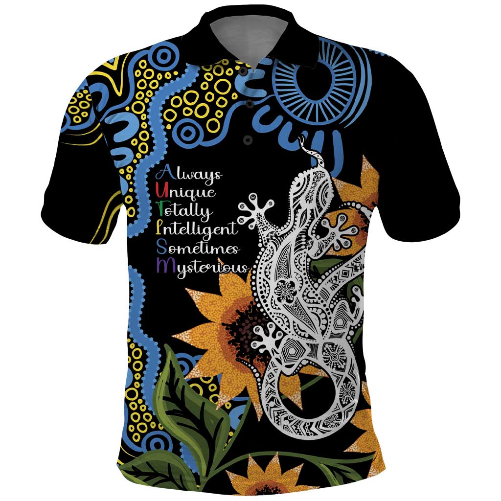 Australia Autism Awareness Polo Shirt Brave Strong Aussie Lizard Aboriginal Art