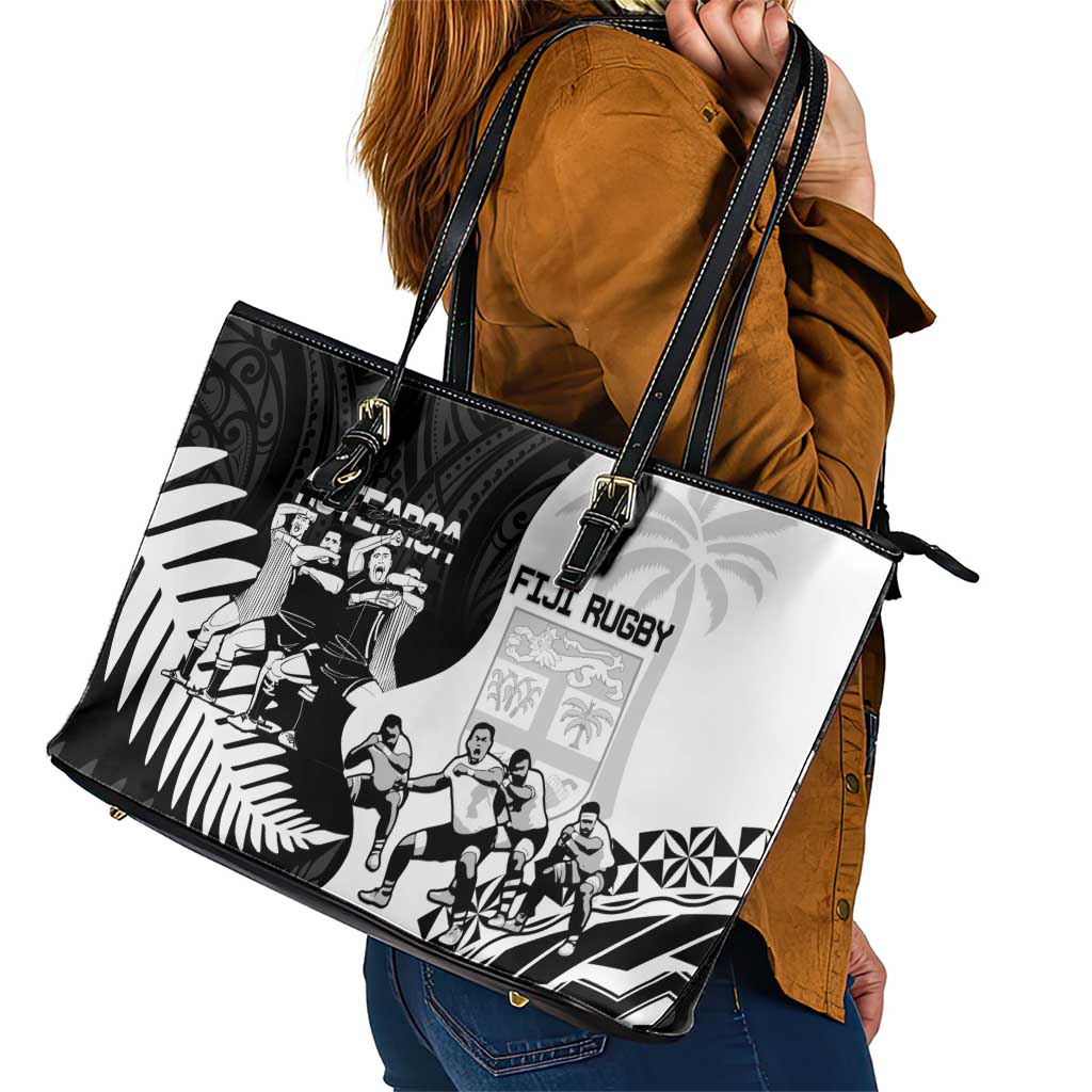 New Zealand And Fiji Tapa Rugby Leather Tote Bag Haka Dance Mix Cibi Dance Together