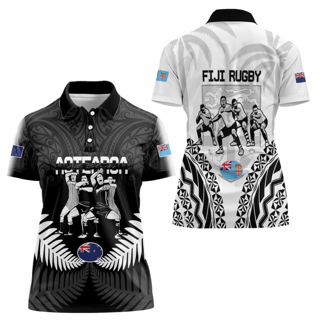 New Zealand And Fiji Tapa Rugby Women Polo Shirt Haka Dance Mix Cibi Dance Together