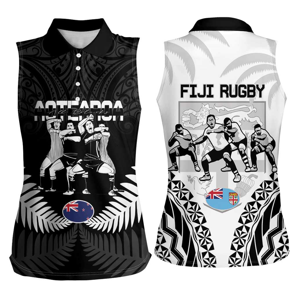 New Zealand And Fiji Tapa Rugby Women Sleeveless Polo Shirt Haka Dance Mix Cibi Dance Together