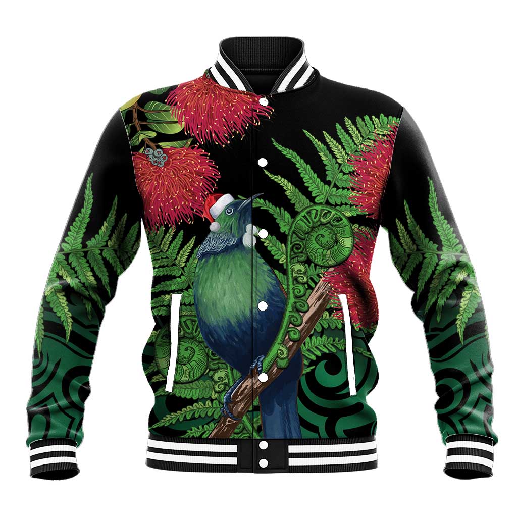 New Zealand Tui Bird Christmas Baseball Jacket Maori Fern Mix Pohotukawa