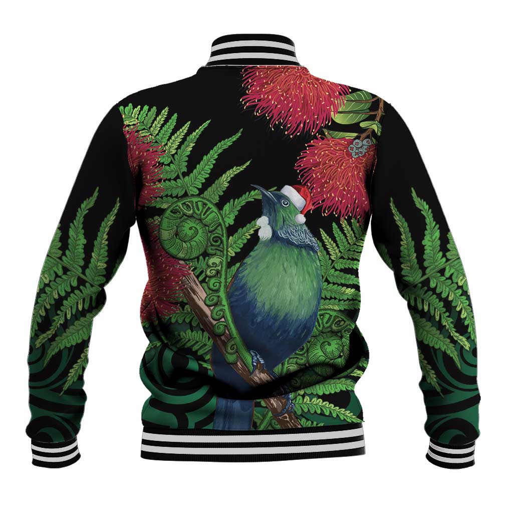 New Zealand Tui Bird Christmas Baseball Jacket Maori Fern Mix Pohotukawa