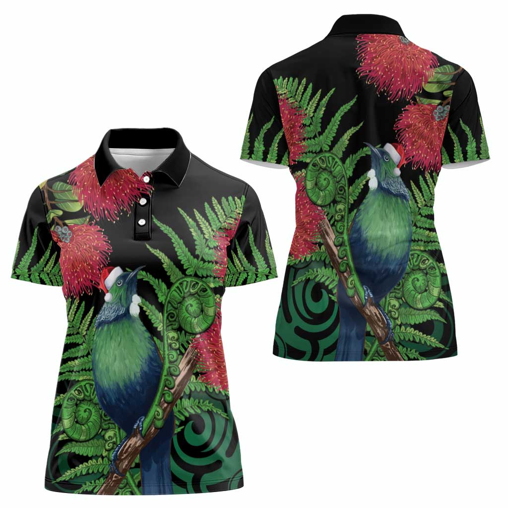 New Zealand Tui Bird Christmas Women Polo Shirt Maori Fern Mix Pohotukawa