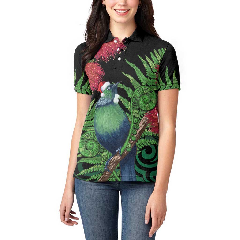 New Zealand Tui Bird Christmas Women Polo Shirt Maori Fern Mix Pohotukawa