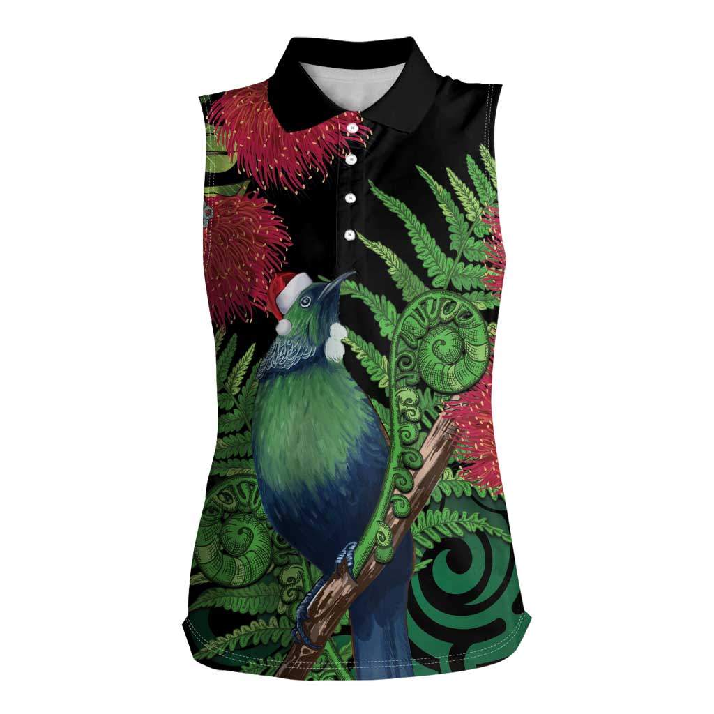 New Zealand Tui Bird Christmas Women Sleeveless Polo Shirt Maori Fern Mix Pohotukawa