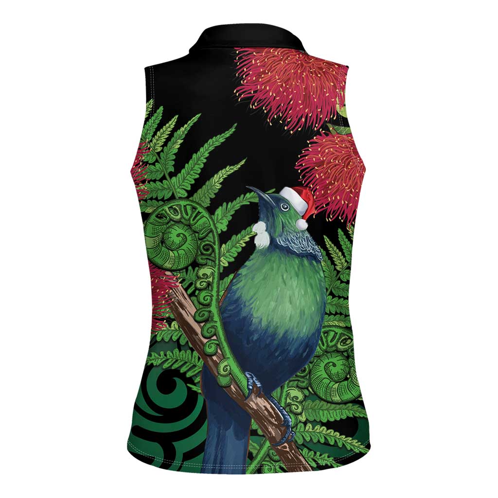 New Zealand Tui Bird Christmas Women Sleeveless Polo Shirt Maori Fern Mix Pohotukawa