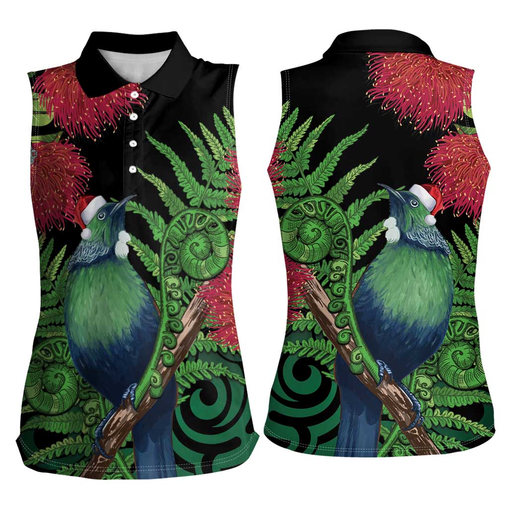 New Zealand Tui Bird Christmas Women Sleeveless Polo Shirt Maori Fern Mix Pohotukawa