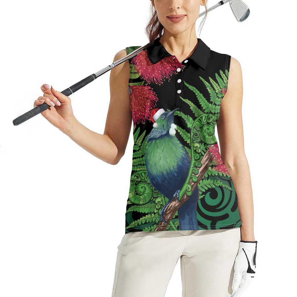 New Zealand Tui Bird Christmas Women Sleeveless Polo Shirt Maori Fern Mix Pohotukawa