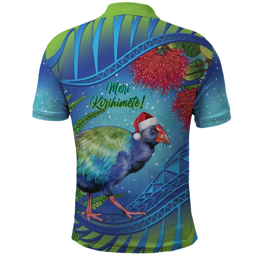 New Zealand Takahe Christmas Polo Shirt Maori Fern Mix Pohotukawa