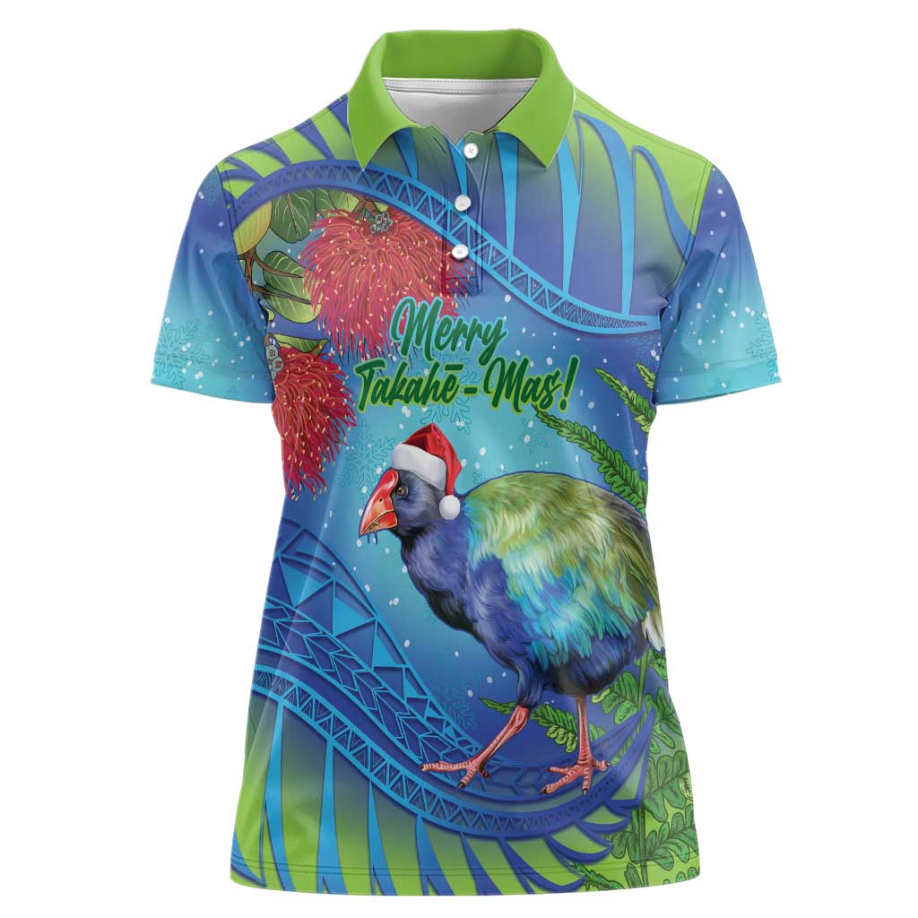 New Zealand Takahe Christmas Women Polo Shirt Maori Fern Mix Pohotukawa