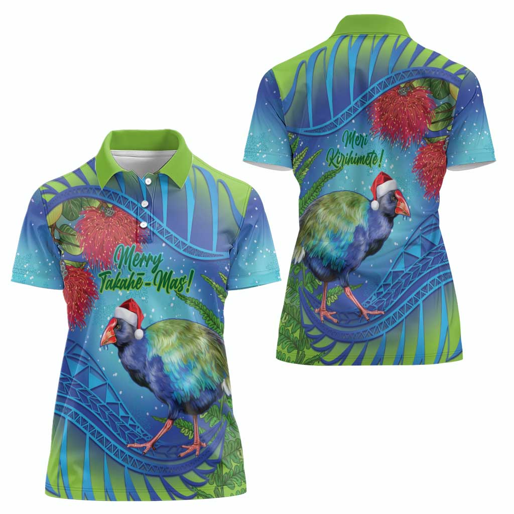 New Zealand Takahe Christmas Women Polo Shirt Maori Fern Mix Pohotukawa