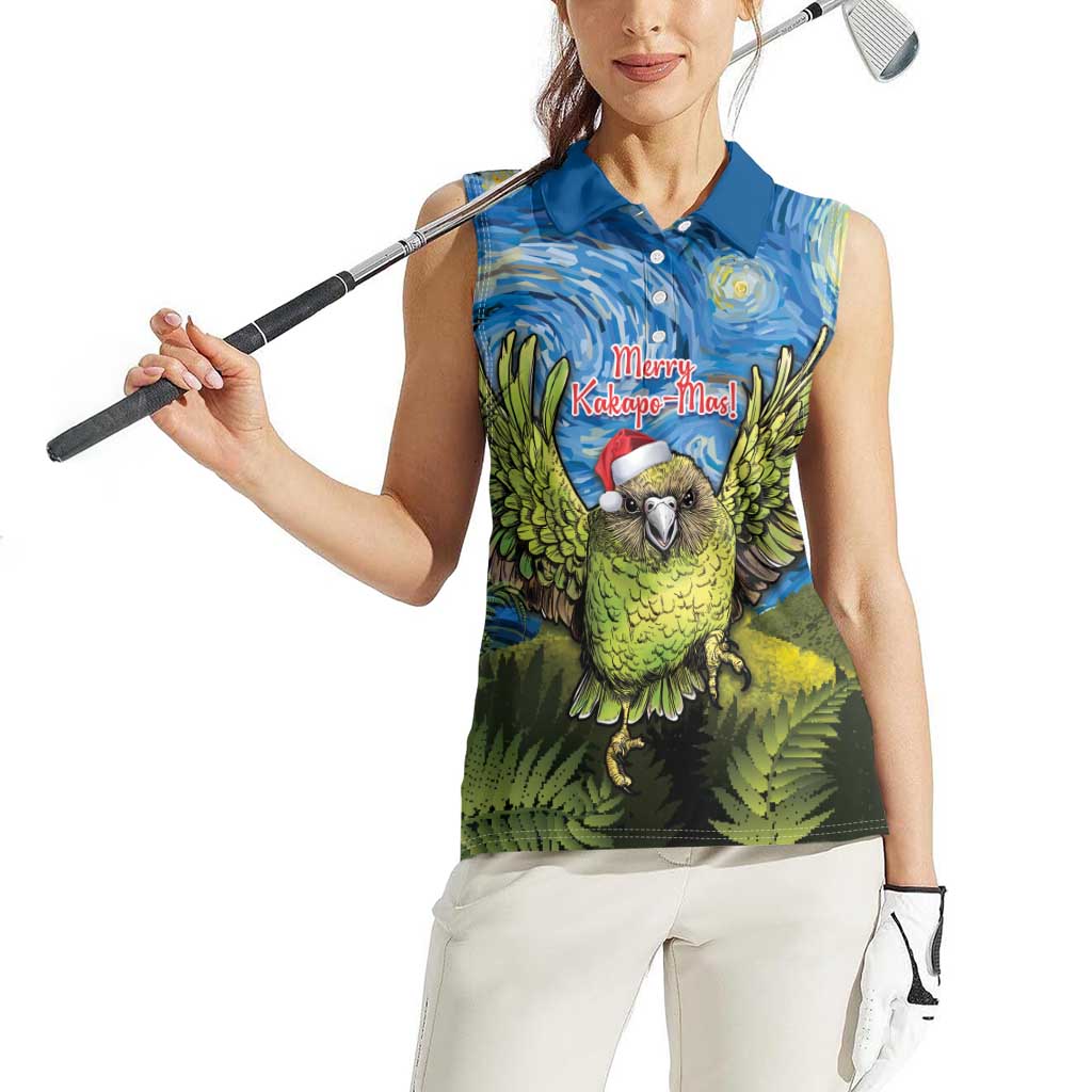 Personalised Jumping Kakapo Christmas Women Sleeveless Polo Shirt New Zealand Fern - Starry Night Style