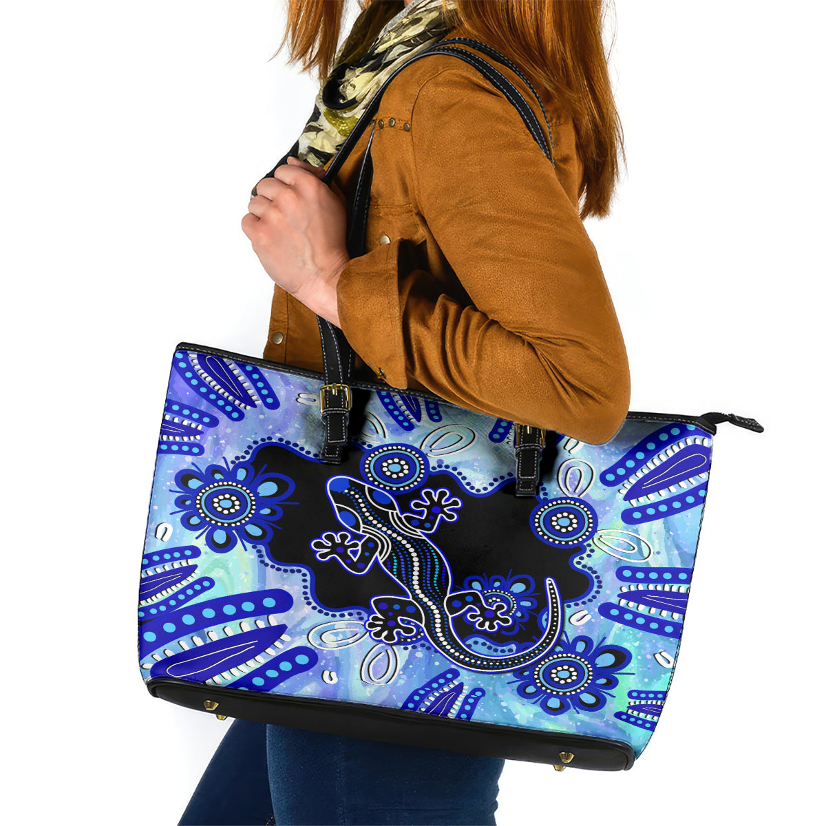 australia-leather-tote-bag-aussie-opal-pattern-with-lizard-aboriginal-art-turquoise