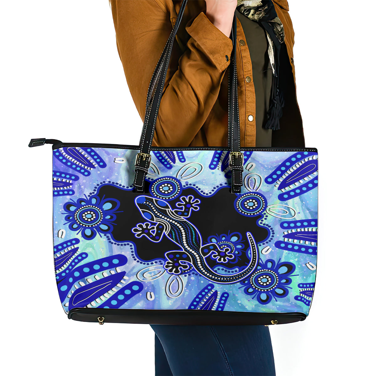 australia-leather-tote-bag-aussie-opal-pattern-with-lizard-aboriginal-art-turquoise