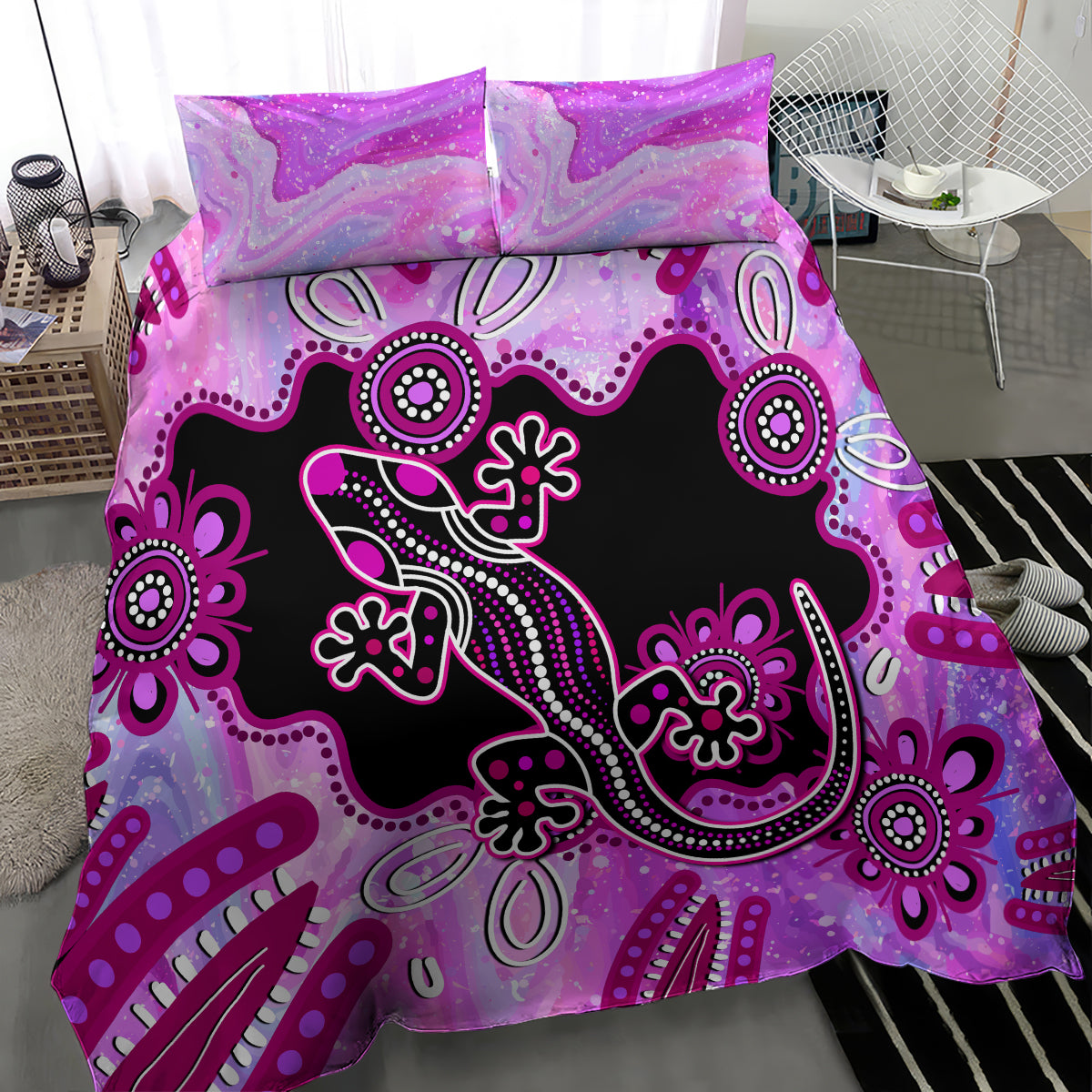 australia-bedding-set-aussie-opal-pattern-with-lizard-aboriginal-art-pink