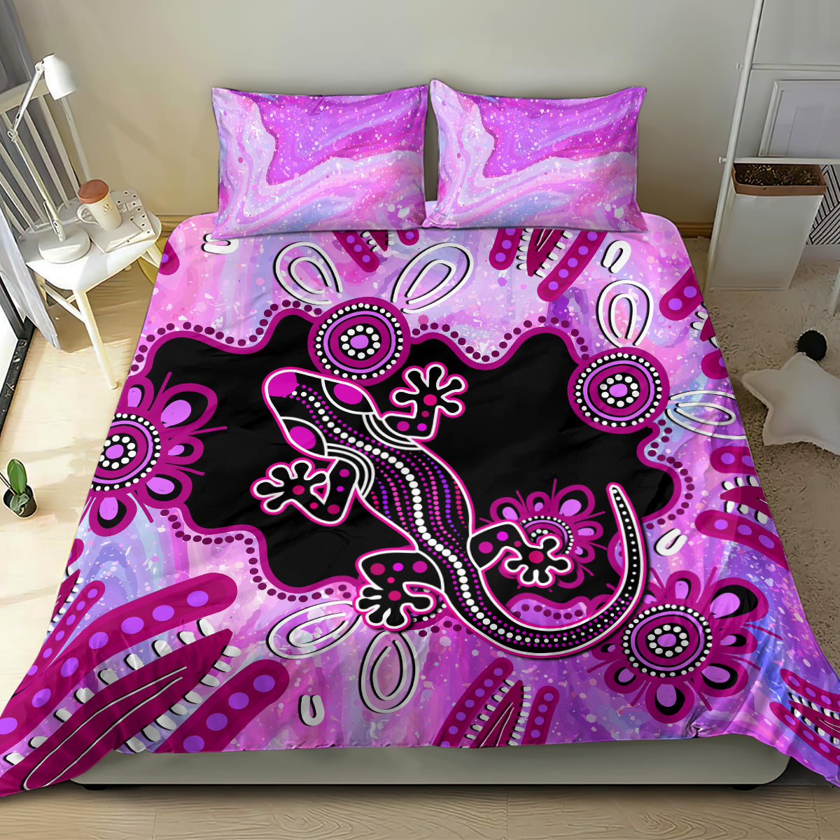 australia-bedding-set-aussie-opal-pattern-with-lizard-aboriginal-art-pink