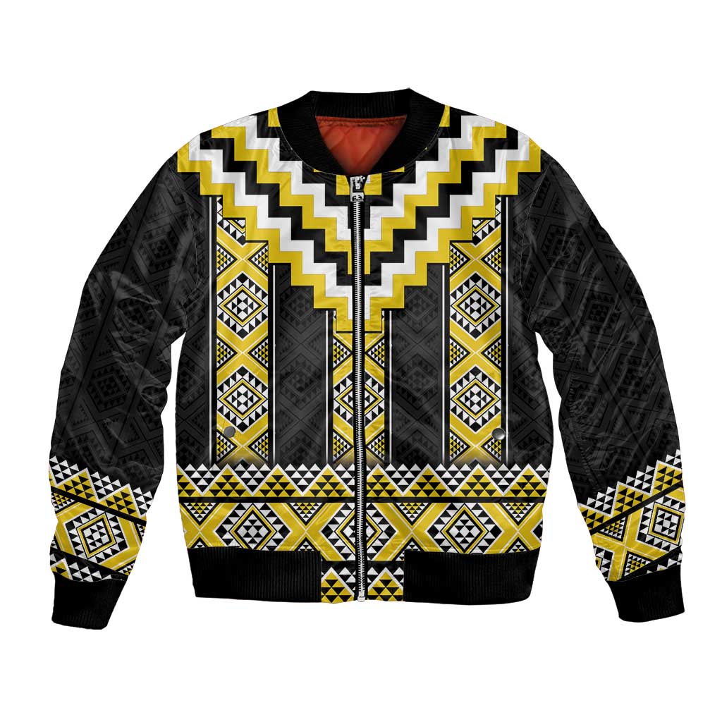 Yellow Taniko Aotearoa Bomber Jacket Niho Taniwha Mix Poutama